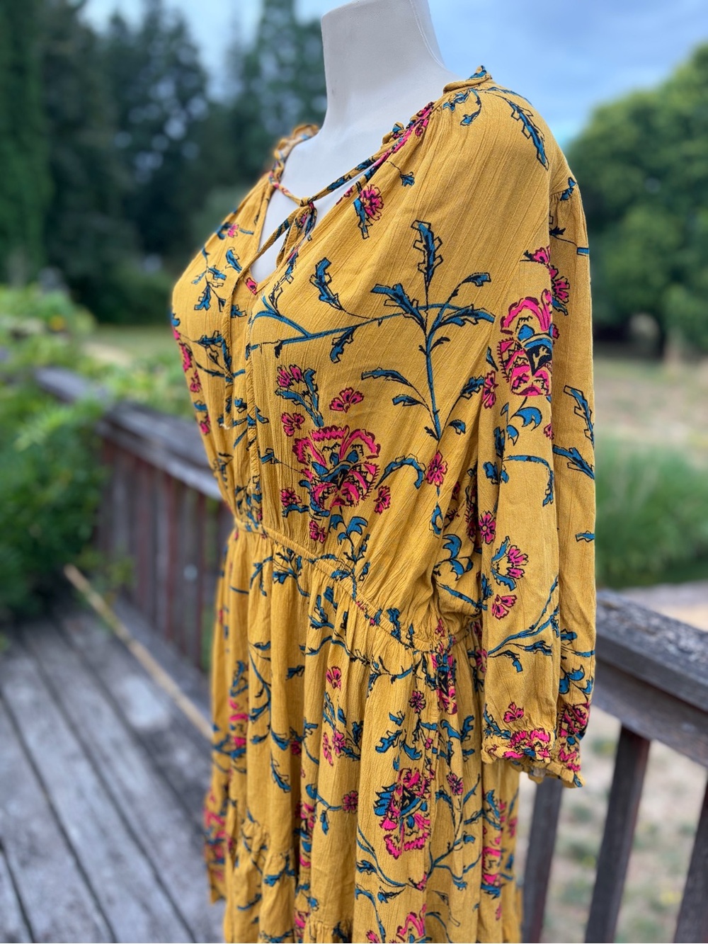 Knox Rose Mustard Floral Tie-Neck Boho Maxi Dress Size XXL Peasant Cowgirl